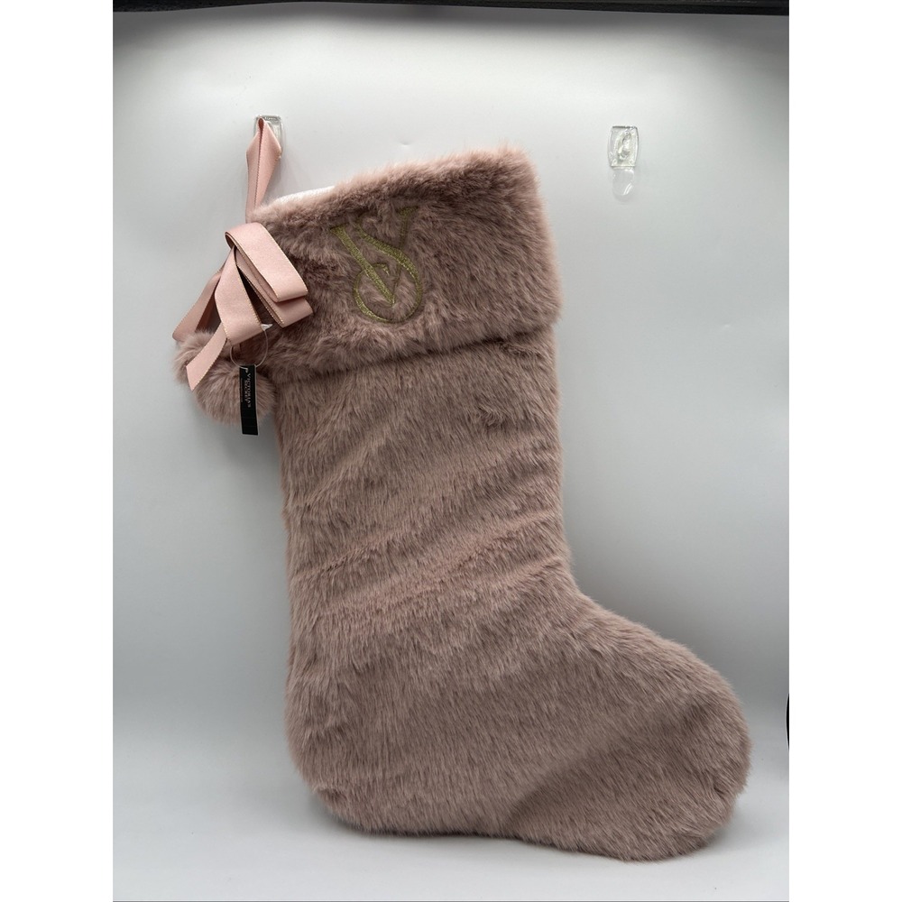 Victoria's Secret Dusty Pink Faux Fur Christmas Stocking with Gold Monogram NWT
